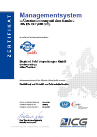 Zertifizierung des Management-Systems von Pohl gemäß EN ISO 9001:2015.